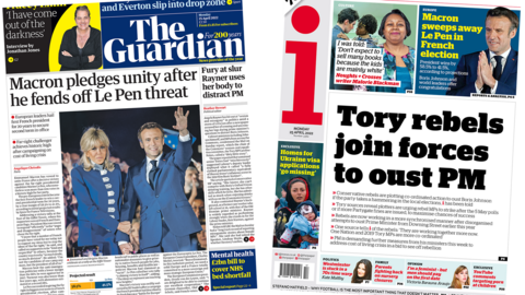 The front page of the Guardian reads 'Macron pledges unity after he fends off Le Pen threat', while the headline in the i reads 'Tory rebels join forces to oust PM'