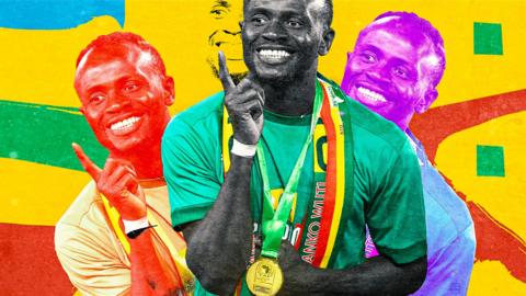 A colourful graphic featuring a picture of Senegal forward Sadio Mane with a winners' medal from the 2021 Africa Cup of Nations