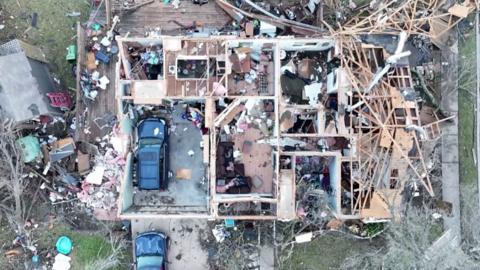 Aerial view of a destroyed house in Texas