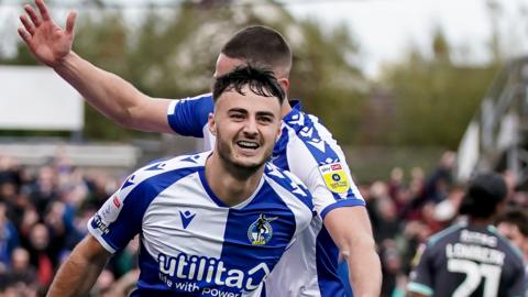 Bristol Rovers celebrate a goal against Plymouth.