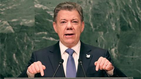 Colombia's President Juan Manuel Santos addresses the General Assembly at the United Nations on September 21, 2016 in New York City.