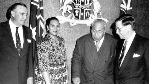 King of Tonga Taufa'ahau Tupou IV and Princess Salote Pilolevu attending a function for their a arrival in Sydney at the Premiers Dept.(L) Banned bookmaker Bill Waterhouse. (R) Minister for Resources and Energy Neil Pickard. September 05, 1988.