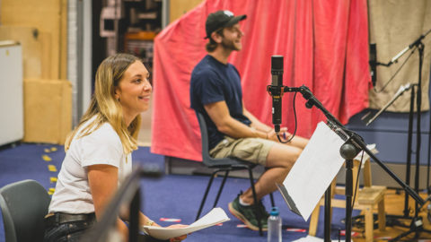 Hollie Chapman and Wilf Scolding, who play Alice and Christopher Carter, recording The Archers