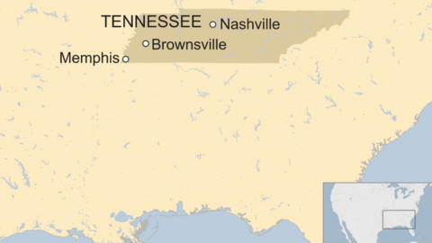 A map showing the location of Brownsville, Tennessee