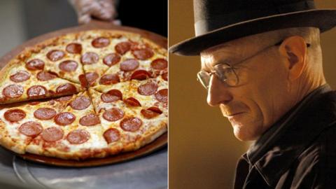 A split collage of a pizza and the character of Walter White