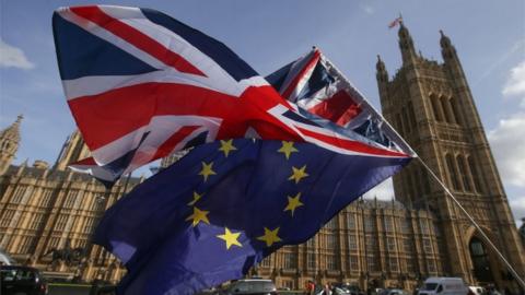 Union flag and EU flag at Westminster