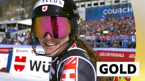 Laurence St-Germain celebrates after beating favourite Mikal Shriffin to the World Championship title in the women's slalom.