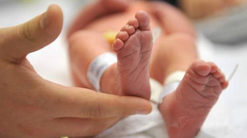 Hand holding feet of a new born baby