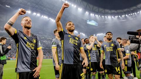 Jorrit Hendrix, Guus Til and Reiss Nelson celebrate Feyenoord's victory