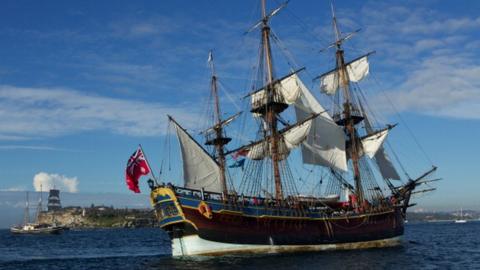 The replica of Captain Cook's ship HMS Endeavour arrives in Sydney Harbour