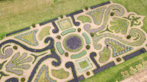 Aerial view of parterre at Oxburgh Hall