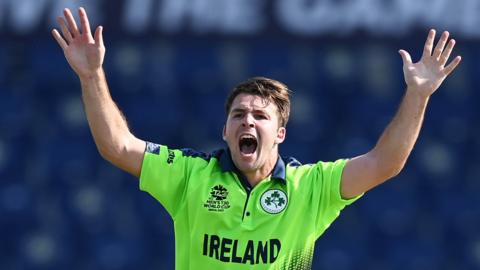 Ireland's Curtis Campher appeals for an lbw against the Netherlands