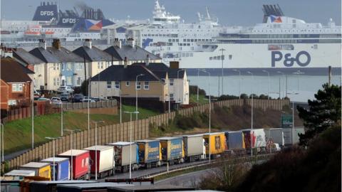 Lorries queue for The Port of Dover along the A20 in Kent as the Dover TAP (Traffic Access Protocol) is implemented due to high volumes of freight traffic