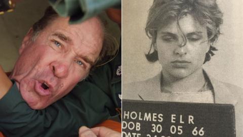 A split image of James Ricketson in custody in Cambodia, and Roxanne Holmes in a police mugshot in 1984