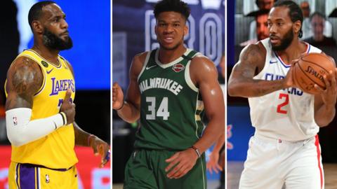 LeBron James (left), Giannis Antetokounmpo (centre) and Kawhi Leonard