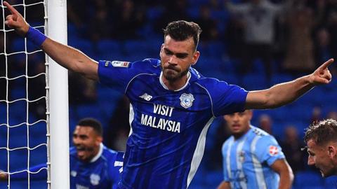 Dimitris Goutas of Cardiff City celebrates scoring