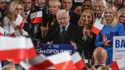 Leader of the right-wing Law and Justice Party, Jaroslaw Kaczynski (C) delivers a speech during a campaign convention in Krakow, Poland on October 11, 2023