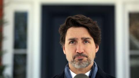 Prime Minister Justin Trudeau at an outdoor news conference in April 2020