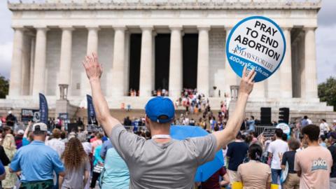 Anti-abortion activists participate in a Celebrate Life Day Rally at the Lincoln Memorial on June 24, 2023 in Washington, DC