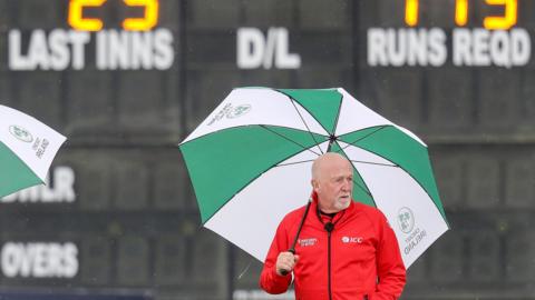 Umpires inspect the malahid pitch before abandoning the first ODI between Ireland and South Africa