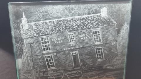 Crooked House glass etching