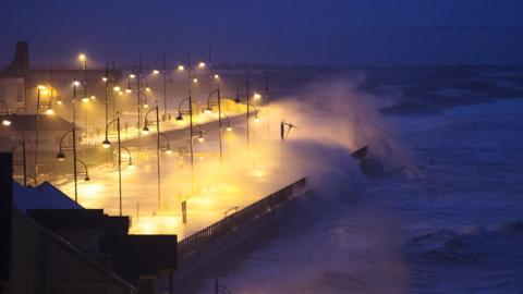 High tide and storm Eunice surge waves at Tramore in Waterford