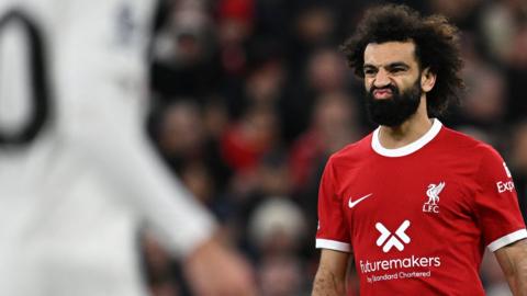 Mohamed Salah reacts after his shot was saved during the English Premier League football match between Liverpool and Manchester United