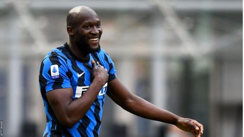 Romelu Lukaku celebrates scoring for Inter Milan