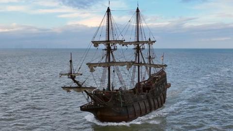 Replica of 17th Century Spanish boat sailing towards Great Yarmouth.