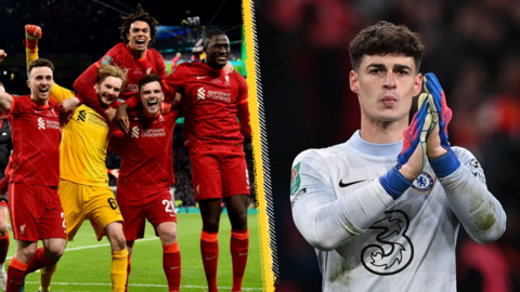 Liverpool celebrate as Chelsea goalkeeper Kepa applauds crowd