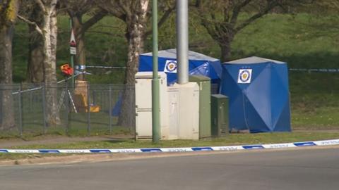 Blue tents at the scene on Arran Way