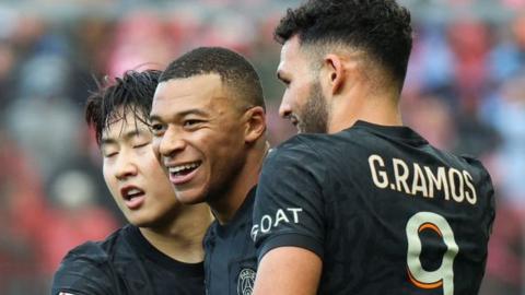 Kylian Mbappe celebrates scoring against Brest