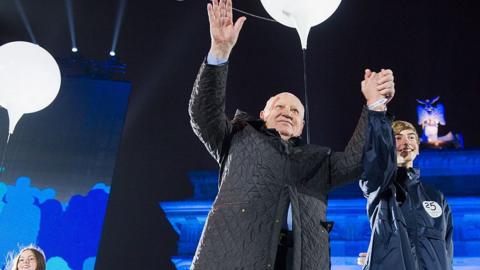 Mikhail Gorbachev attends the celebrations at Brandenburg Gate during celebrations on the 25th anniversary of the fall of Wall on November 9, 2014 in Berlin, Germany