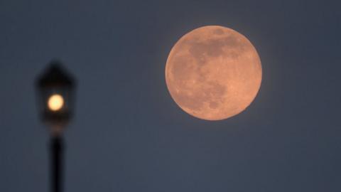 WORTHING, UNITED KINGDOM - APRIL 07: A supermoon rises over Worthing pier on April 07, 2020 in Worthing, United Kingdom. A supermoon occurs when the moon reaches its closest position to the Earth, known as the perigee, making the satellite appear bigger and brighter than usual. This month’s supermoon is also a Pink Moon, so-called by the Native Americans because of the pink flowers that appeared in the east of North America at this time of year. (Photo by Mike Hewitt/Getty Images)