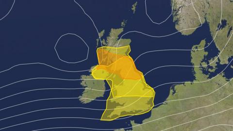 UK map with Storm Dudley warning areas and pressure chart