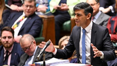 British Prime Minister Rishi Sunak speaks during Prime Minister's Questions, at the House of Commons in London, Britain, on 24 January 2024