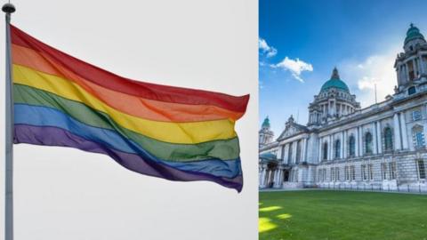 Pride flag and Belfast City Hall