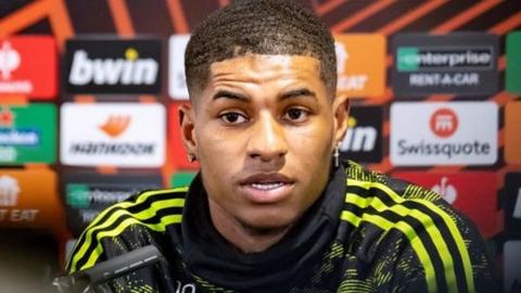 Manchester United forward Marcus Rashford during a news conference before the Europa League game against Real Betis