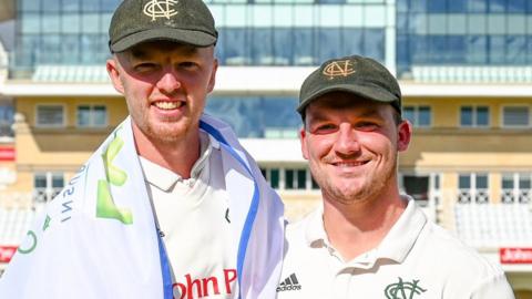 Lyndon James (left) and Liam Patterson-White helped Notts win promotion back to Division One in the County Championship
