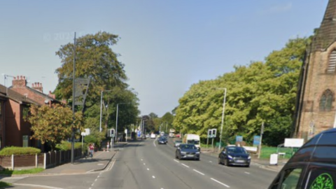 The child was hit by a bus on the main A6 Buxton Road in Stockport