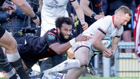 Michael Lowry scores Ulster's first try against the Sharks