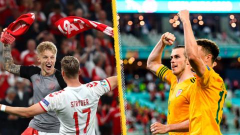 Denmark and Wales players celebrate success at Euro 2020