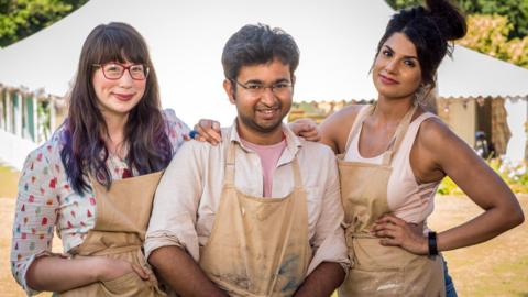 the finalists in The Great British Bake Off, (left to right) Kim-Joy, Rahul and Ruby.