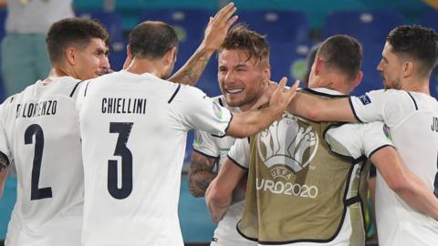 Italy's players celebrate scoring against Turkey in the opening match at Euro 2020