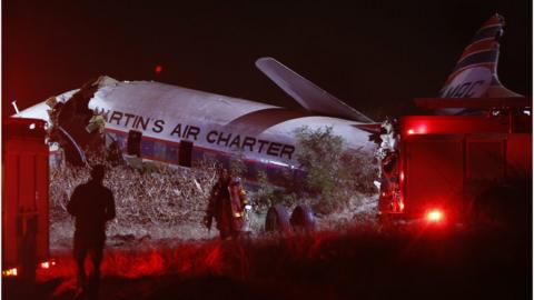 The crashed plane pictured in Wonderboom, on the outskirts of Pretoria, South Africa