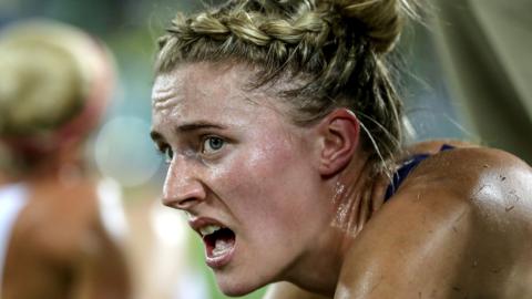 An exhausted Natalya Coyle after finishing the shooting and running event at the 2016 Rio Olympics