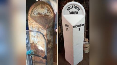 Milepost before and after restoration