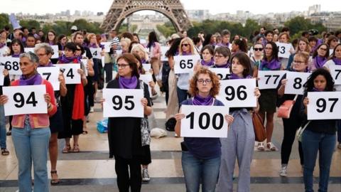 People gather in Paris during a demonstration by the Nous Toutes feminist organisation to denounce the 100th femicide of the year on 1 September 2019