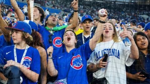 Chicago Cubs fans celebrate victory during the MLB London Series in 2023