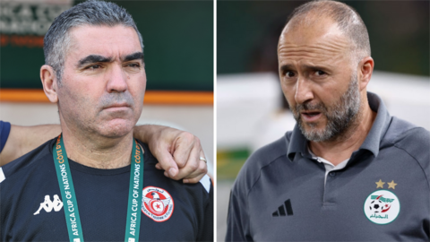 Jalel Kadri and Djamel Belmadi on the touchline during the 2023 Africa Cup of Nations